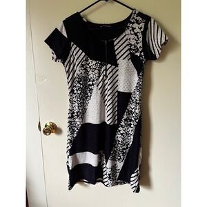 What Women Want Black White Geometric Patchwork Zip Front Sheath Dress XL